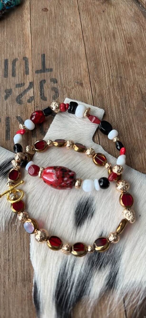Handmade Beaded Bracelet Set | Red Black Gold | Women's Fashion Jewelry (MWL94)